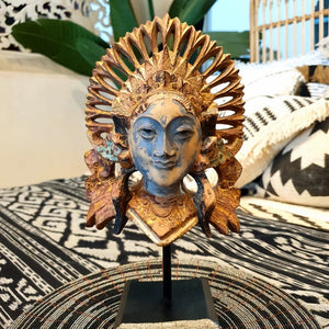 Gold Hand carved Balinese Masks on a stand