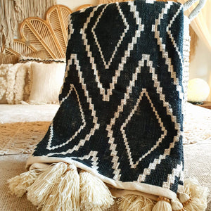 Soft Tribal Throw Blanket in Black with Tassels
