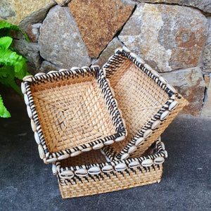 Set of 3 Hand Braided Rattan Baskets in Grey Trim