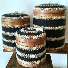 Load image into Gallery viewer, Round Beaded Cowrie Shell &amp; Bamboo Storage Box in Black Large
