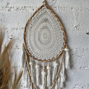 Moon Drop Dream Catcher Macrame with Tassels in White Large