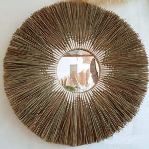 Straw Grass Woven Mirror in Tan and White