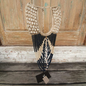 Beaded strands &  Cowrie Shell Necklace Decor with stand in Black and Navy - bohemian-beach-house