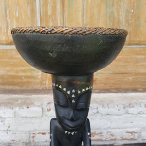 Hand Carved Tribal Statue with Bowl in Black