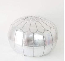 Load image into Gallery viewer, Moroccan Hand Stitched Leather pouf in Silver
