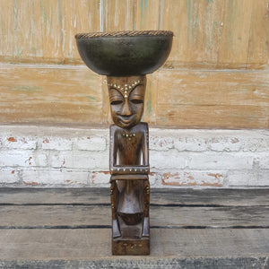 Hand Carved Tribal Statue with Bowl in Brown