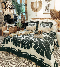 Load image into Gallery viewer, Hand Stitched Tropical Leaf Quilt Green / White Kingsize
