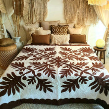Load image into Gallery viewer, Hand Stitched Tropical Quilt White / Brown - bohemian-beach-house

