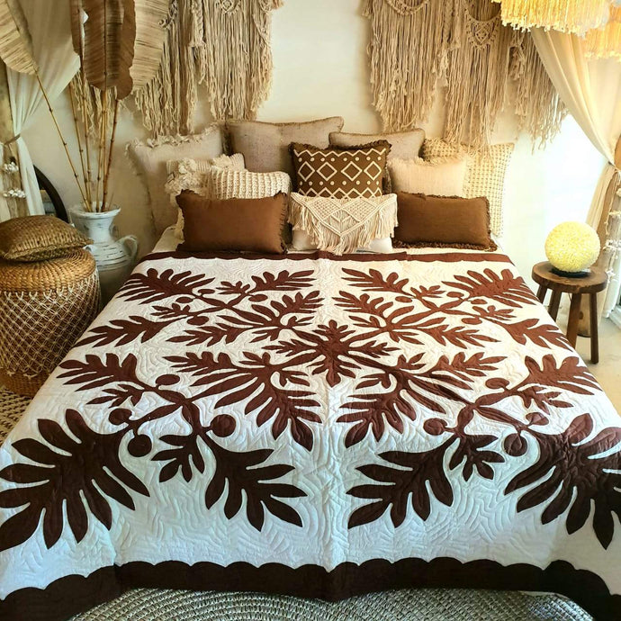 Hand Stitched Tropical Quilt White / Brown - bohemian-beach-house