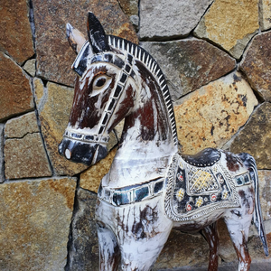 Large Antiqued Hand Carved Horse Statue