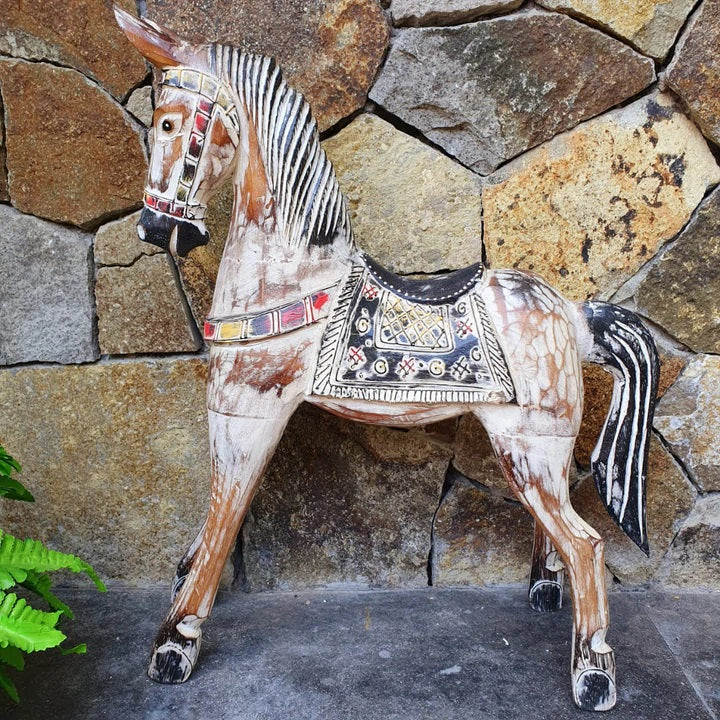 Antiqued Hand Carved Horse Statue Large