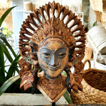 Load image into Gallery viewer, Gold Hand carved Balinese Masks on a stand
