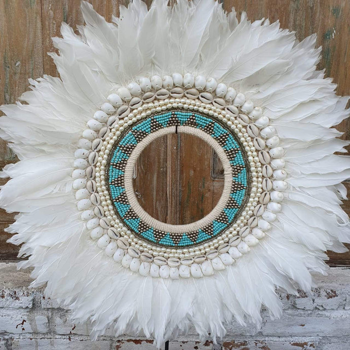 Large Beaded Tribal Shells with Feathers Necklace & Stand - bohemian-beach-house