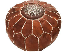 Laden Sie das Bild in den Galerie-Viewer, Moroccan Hand Stitched Leather pouf in Brown with white stitching

