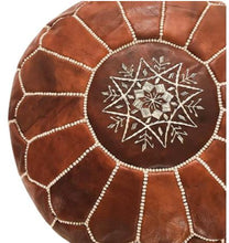 Laden Sie das Bild in den Galerie-Viewer, Moroccan Hand Stitched Leather pouf in Brown with white stitching
