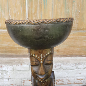 Hand Carved Tribal Statue with Bowl in Brown