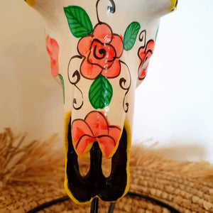 Hand Painted Small Resin Cow Skull on a stand in White