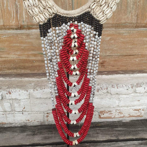 Beaded strands &  Cowrie Shell Necklace Decor with stand in Red and Black - bohemian-beach-house