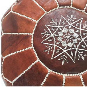 Moroccan Hand Stitched Leather pouf in Brown with white stitching