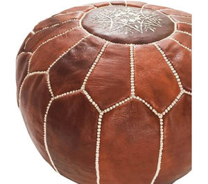 Moroccan Hand Stitched Leather pouf in Brown with white stitching