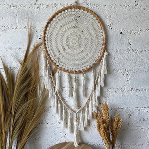 Dream Catcher Macrame with Tassels in White Large