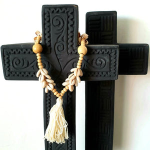 Hand Carved Wooden Cross in Black Tribal