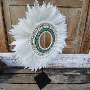 Large Beaded Tribal Shells with Feathers Necklace & Stand - bohemian-beach-house
