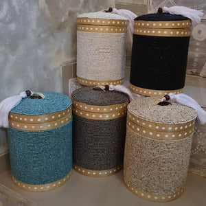 Round Beaded Medium Storage Boxes Bamboo in Silver