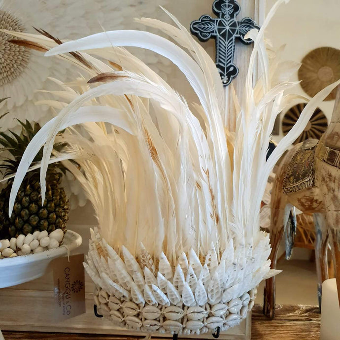 Tribal Feather & Shell Headdress with stand White - bohemian-beach-house