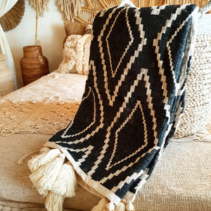 Soft Tribal Throw Blanket in Black with Tassels