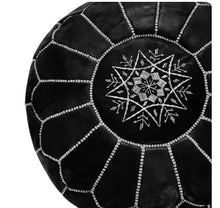 Load image into Gallery viewer, Moroccan Hand Stitched Leather pouf in Black with white stitching
