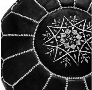 Moroccan Hand Stitched Leather pouf in Black with white stitching