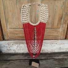 Laden Sie das Bild in den Galerie-Viewer, Beaded strands &amp;  Cowrie Shell Necklace Decor with stand in Red - bohemian-beach-house
