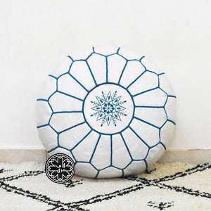 Moroccan Hand Stitched Leather pouf in White with Blue stitching