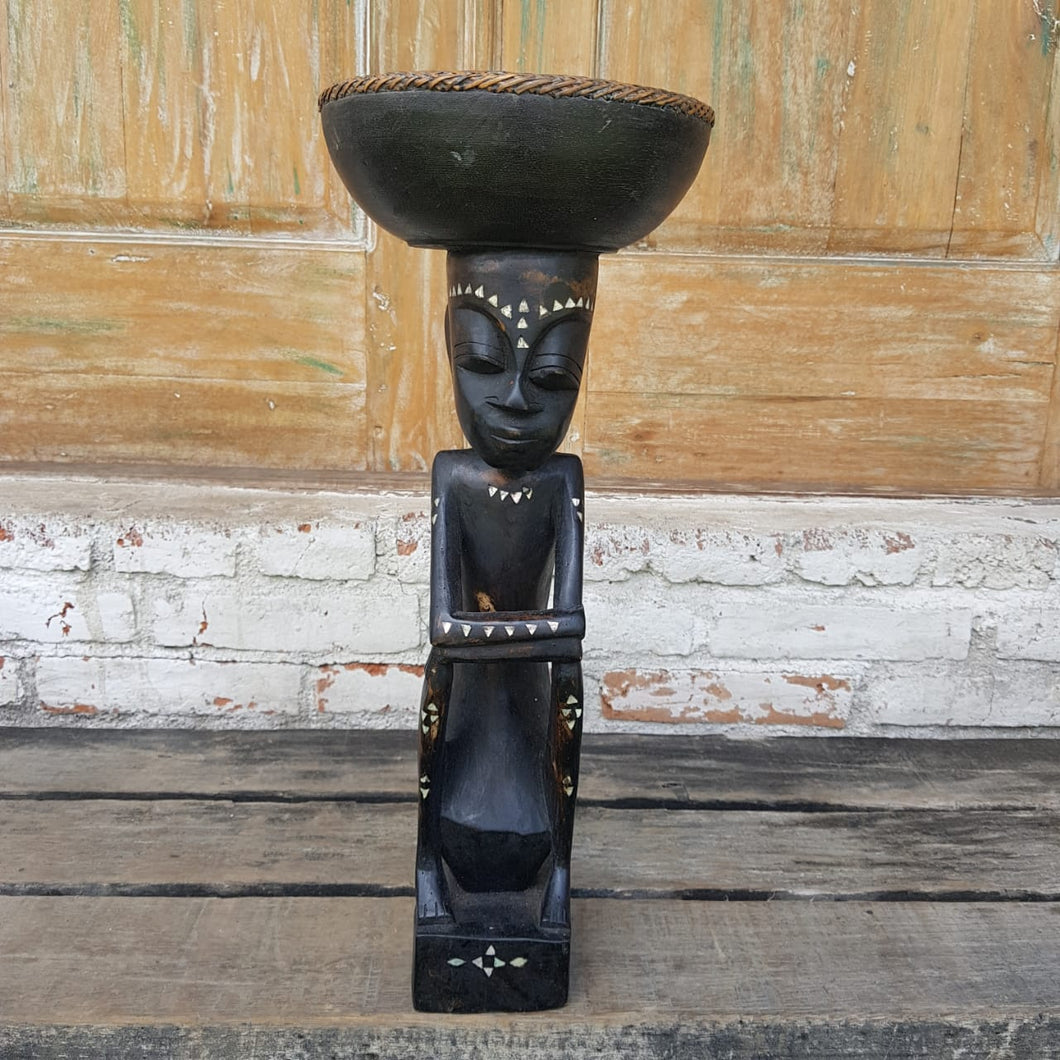 Hand Carved Tribal Statue with Bowl in Black