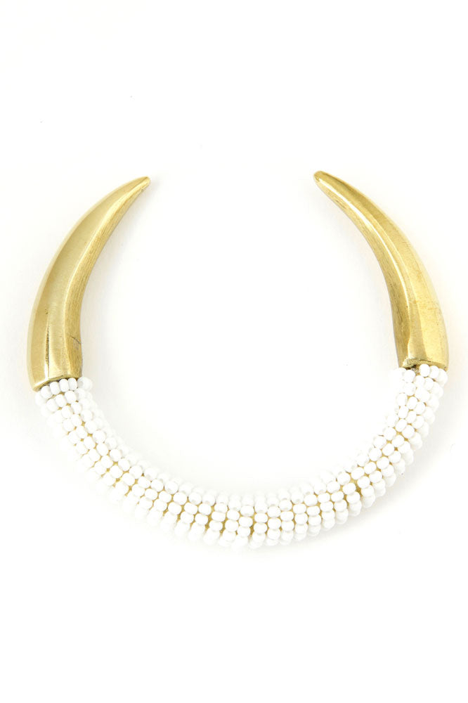 Beaded Brass Horn Bracelet in White from Kenya