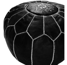 Load image into Gallery viewer, Moroccan Hand Stitched Leather pouf in Black with white stitching

