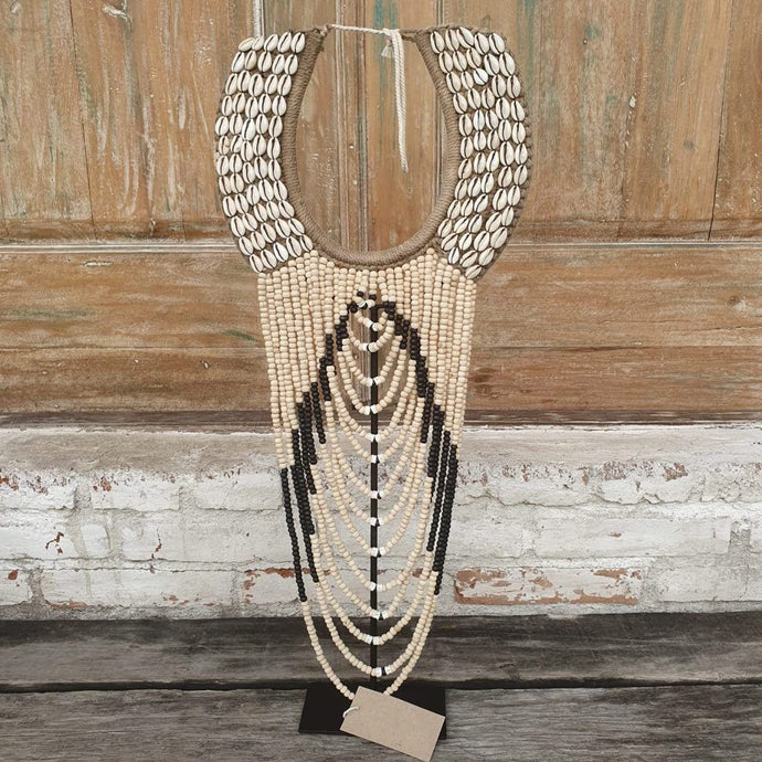 Beaded strands &  Cowrie Shell Necklace Decor with stand Black and Natural - bohemian-beach-house