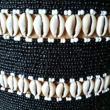 Load image into Gallery viewer, Round Beaded Cowrie Shell &amp; Bamboo Storage Box in Black Medium
