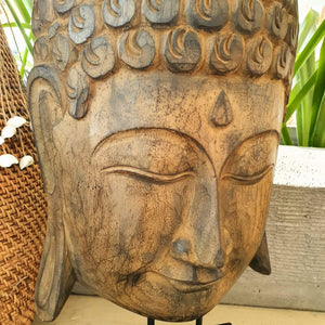 Large Wooden Buddha Head Brown - bohemian-beach-house