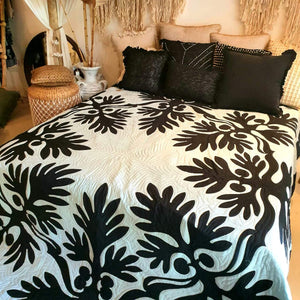 Hand Stitched Tropical Leaf Quilt Black / White - bohemian-beach-house