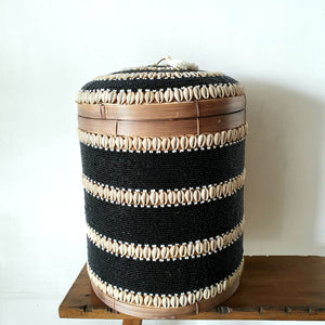 Round Beaded Cowrie Shell & Bamboo Storage Box in Black Medium