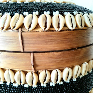 Round Beaded Cowrie Shell & Bamboo Storage Box in Black Medium