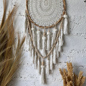 Moon Drop Dream Catcher Macrame with Tassels in White Large