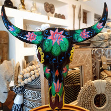 Load image into Gallery viewer, Hand Painted Small Resin Cow Skull on a stand in Black
