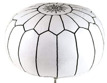 Load image into Gallery viewer, Moroccan Hand Stitched Leather pouf in White with black stitching
