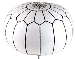 Moroccan Hand Stitched Leather pouf in White with black stitching