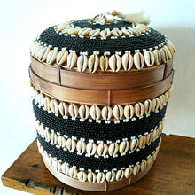 Load image into Gallery viewer, Round Beaded Cowrie Shell &amp; Bamboo Storage Box in Black Small
