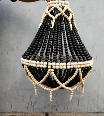 Wood Beaded Chandelier Black and Ivory Small
