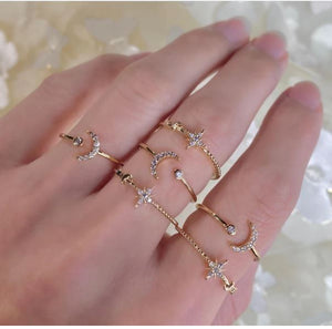 Set of Star and Moon Rings in Gold